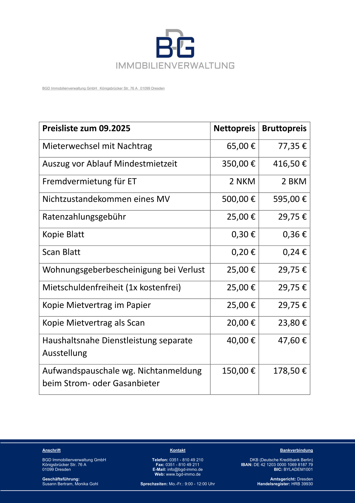 Preisliste EXTERN BGD